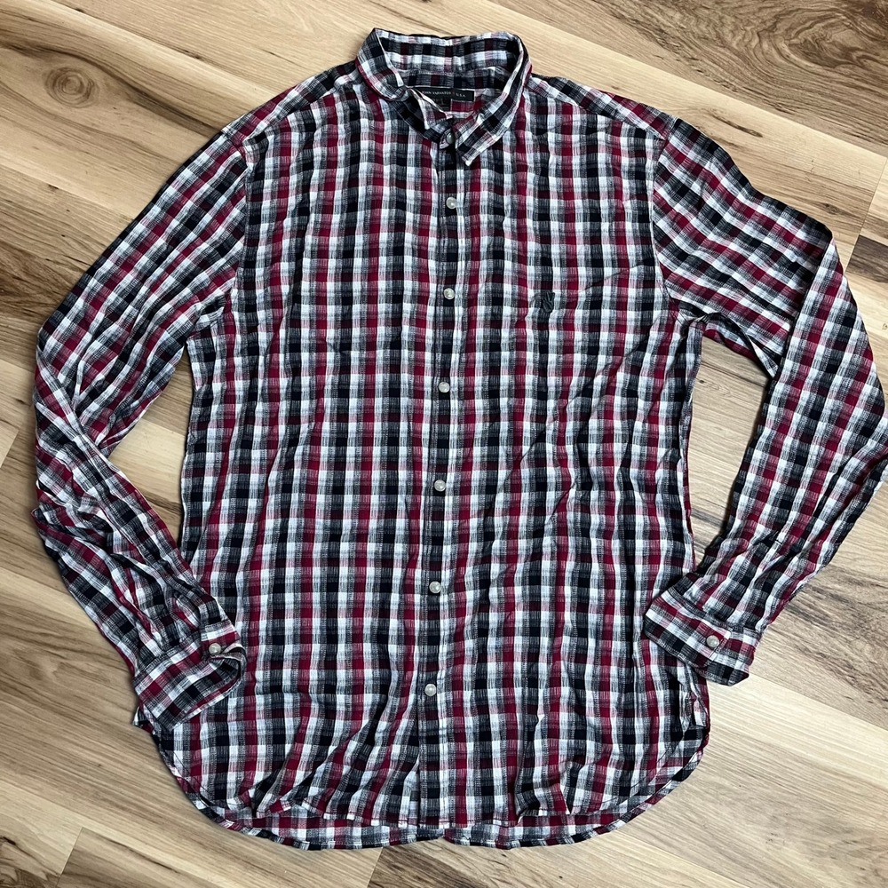 John Varvatos USA Button Down Shirt Mens Large Red Black Plaid Cotton Casual